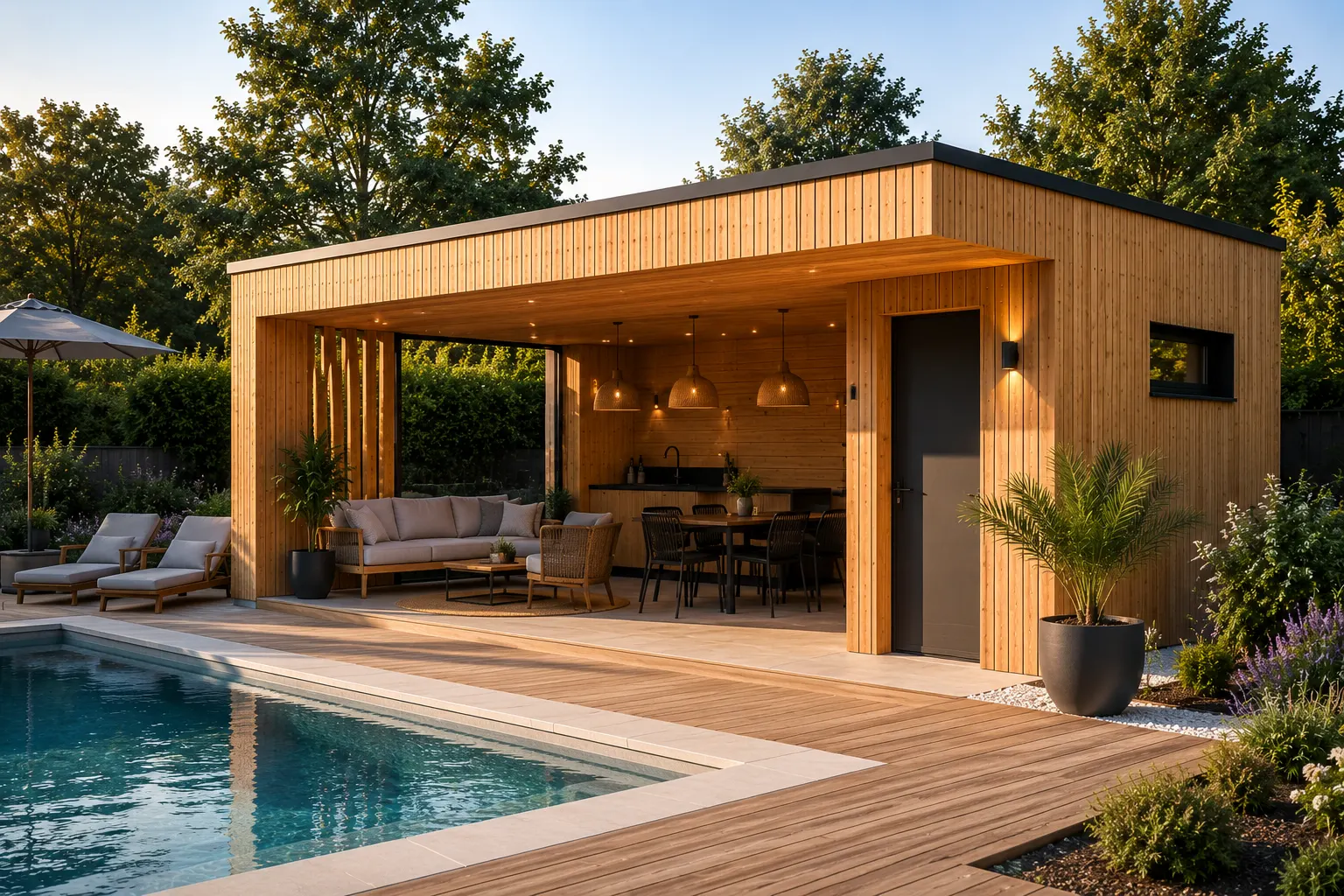 pool house bois, terrasse piscine